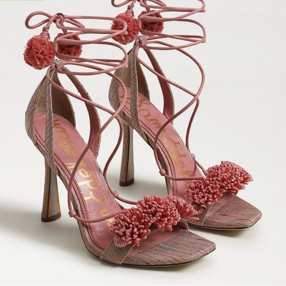 Lace Up Sandal with Pink Pompom Accents